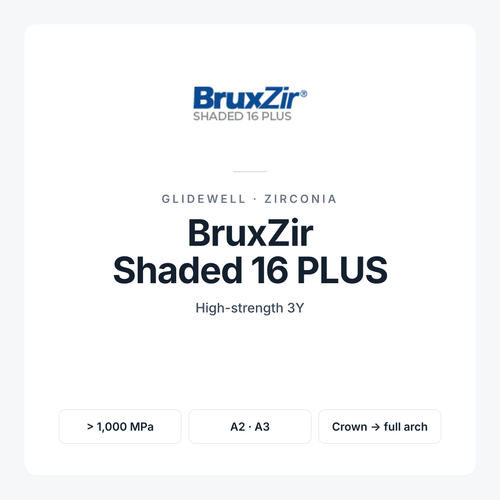 BruxZir Shaded 16 PLUS solid zirconia by Glidewell for milled crowns